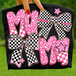 Black tee held up with pink checkered leopard momma letters checker bows and stars graphic
