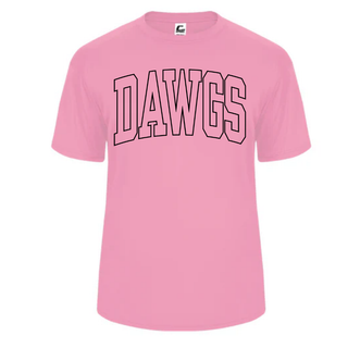 Pink dri-fit performance top with black dawgs arch outline design, Rossville Bulldawgs spirit wear, size XL, C2 brand
