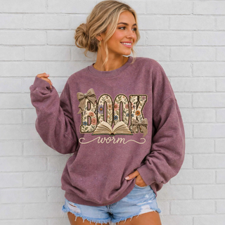 Woman in the Pink Friday Faux Embroidered Floral Book Worm Heather Maroon Top crewneck with floral letters and bows