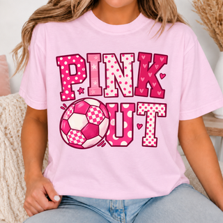 Pink top with patterned Pink Out soccer artwork shown on a model