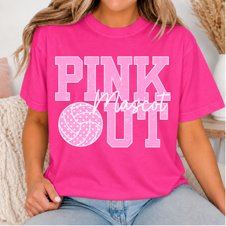 Model wearing hot pink Pink Out volleyball top with polka dot volleyball graphic and custom mascot name script overlay
