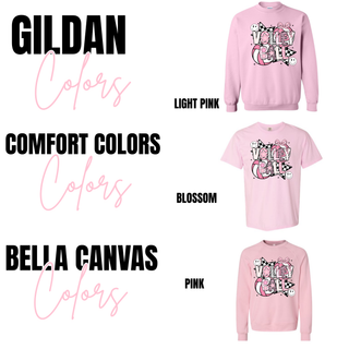 Pink Slay the Court Volleyball in Gildan light pink crewneck, Comfort Colors blossom tee, and Bella Canvas pink crewneck
