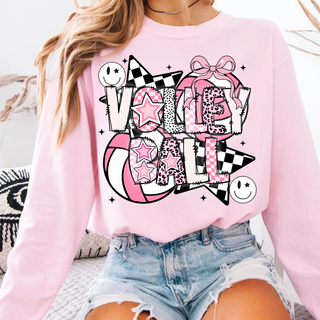 Pink Slay the Court Volleyball Graphic Top light pink crewneck with retro Volleyball lettering, bows, stars, and checker design
