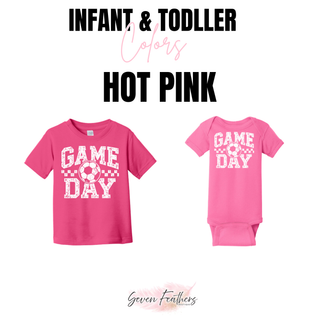 Hot Pink infant and toddler top options with white soccer Game Day artwork