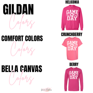 Heliconia, Crunchberry, and Berry garment options with white and pink soccer Game Day artwork