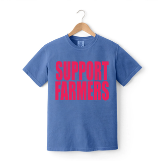 Blue jean support farmers top on hanger with bold pink stacked block lettering