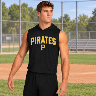 Pirates Baseball Arched Logo Competitor Sleeveless Hoodie in Black, on model