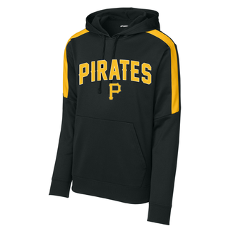 Pirates Baseball Arched Logo Fan Favorite Hoodie, black with gold colorblock panels, with custom name and number on the back