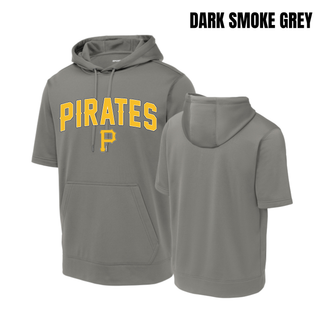Pirates Baseball Arched Logo Fleece Short Sleeve Hooded Pullover in Dark Smoke Grey, front and back