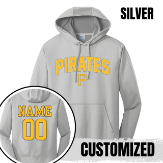 Pirates Baseball Arched Logo Performance Hoodie in Silver with custom name and number on the back