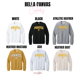 Pirates Baseball Arched Logo Top Bella Canvas colors: White, Black, Athletic Heather, Heather Mustard, Ash, and Heather Dust