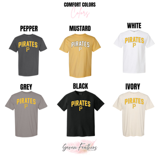 Pirates Baseball Arched Logo Top Comfort Colors: Pepper, Mustard, White, Grey, Black, and Ivory