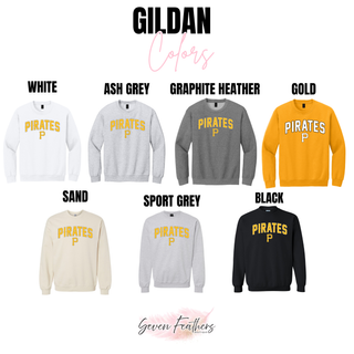Pirates Baseball Arched Logo Top Gildan colors: White, Ash Grey, Graphite Heather, Gold, Sand, Sport Grey, and Black