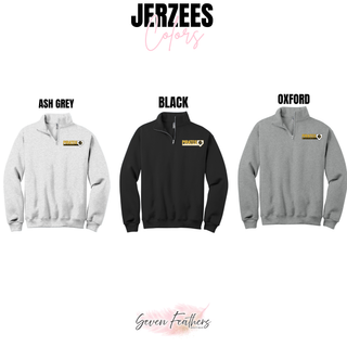 Pirates Baseball Block Logo NuBlend Fleece Quarter-Zip Jerzees color chart in Ash Grey, Black, and Oxford