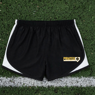 Pirates Baseball Block Logo Women's Cadence Performance Shorts flat lay in Black and White