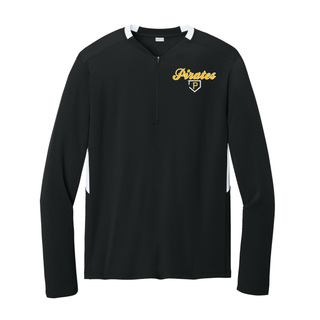 Pirates Baseball Classic Club 1/4-Zip Pullover in Black with white colorblock, featuring a gold P logo inside a home plate icon on the left chest