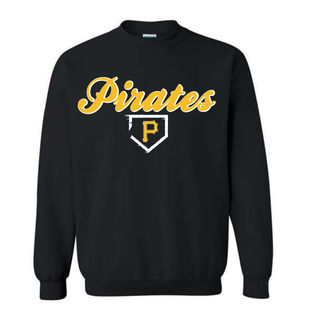 Pirates Baseball Classic Top in Black crewneck, script Pirates wordmark with pocket P logo