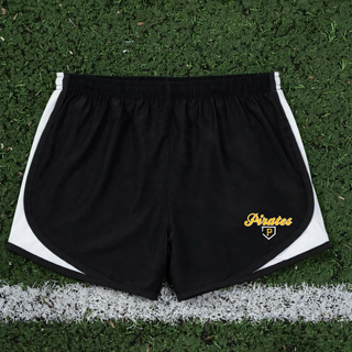 Pirates Baseball Classic Women's Cadence Performance Shorts, black with white trim, flat lay