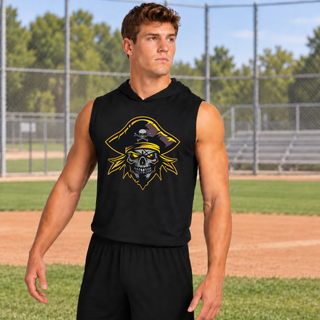Model wearing a black Pirates Baseball Logo Competitor Sleeveless Hoodie with Pirates skull logo on the chest