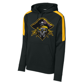 Black Pirates Baseball Logo Fan Favorite hoodie with gold colorblock panels and Pirates skull logo on the chest