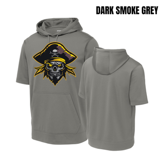 Pirates Baseball Logo Fleece Short Sleeve Hooded Pullover in Dark Smoke Grey, front and back