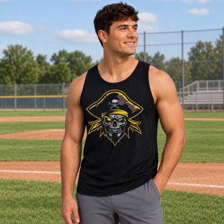 Model wearing a black Pirates Baseball Logo PosiCharge Competitor Tank with Pirates skull logo on the chest