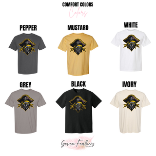 Pirates Baseball Logo Top shown in Gildan White, Ash Grey, Graphite Heather, Gold, Sand, Sport Grey, and Black