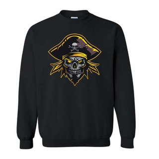 Black crewneck sweatshirt with a large Pirates skull graphic centered on the chest
