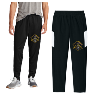 Man wearing black Pirates Baseball Logo Travel Pant with Pirates skull logo on left thigh and white colorblock panel