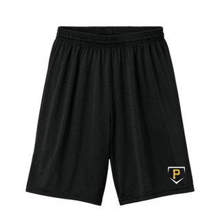 Pirates Baseball Pocket Diamond Cooling Performance Shorts in Black with gold P logo inside a home plate icon on the leg