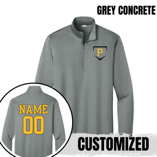 Pirates Baseball Pocket Diamond PosiCharge Quarter-Zip in Grey Concrete, front and back, with custom name and number on the back