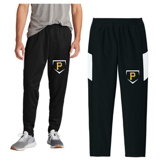 Man wearing black Pirates Baseball Pocket Diamond Travel Pant with gold P logo inside a home plate icon on left thigh and white colorblock panel