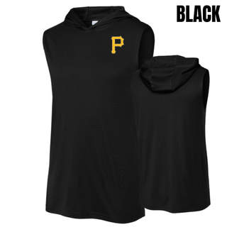 Pirates Baseball Pocket P Competitor Sleeveless Hoodie in Black, front and back
