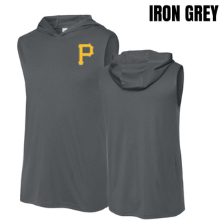 Pirates Baseball Pocket P Competitor Sleeveless Hoodie in Iron Grey, front and back