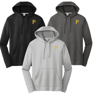 Pirates Baseball Pocket P Custom Name and Number Hoodie in black, charcoal, and silver with gold P logo on left chest