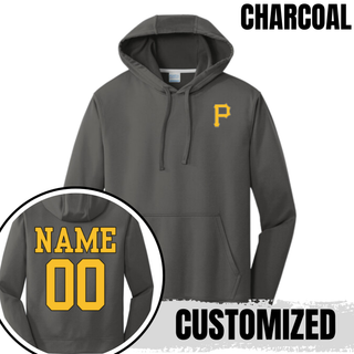 Pirates Baseball Pocket P Custom Name and Number Hoodie in charcoal with custom name and number on the back