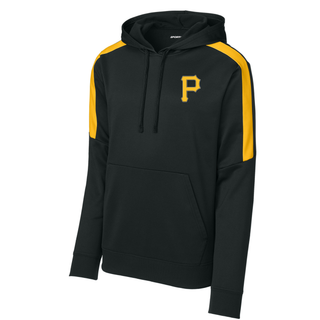 Pirates Baseball Pocket P Fan Favorite Hoodie in black with gold colorblock panels and gold P logo on left chest