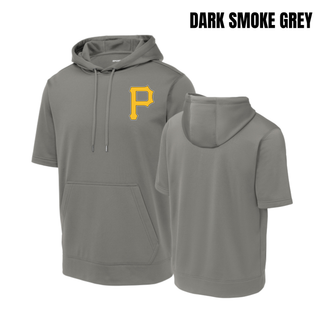Pirates Baseball Pocket P Fleece Short Sleeve Hooded Pullover in Dark Smoke Grey, front and back