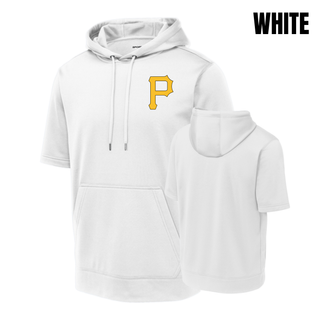 Pirates Baseball Pocket P Fleece Short Sleeve Hooded Pullover in White, front and back
