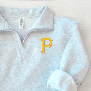 Pirates Baseball Pocket P NuBlend Fleece Quarter-Zip close up in ash grey with gold P logo on left chest