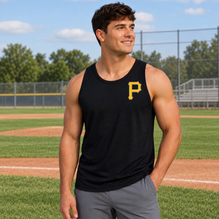Man wearing black Pirates Baseball Pocket P PosiCharge Competitor Tank with gold P logo on left chest