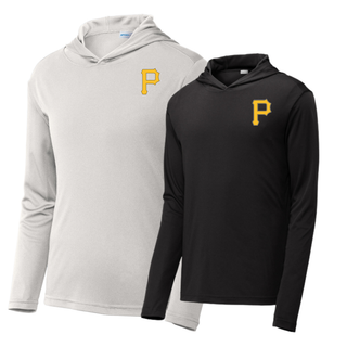 Pirates Baseball Pocket P PosiCharge Competitor Hoodie in silver and black with gold P logo on left chest