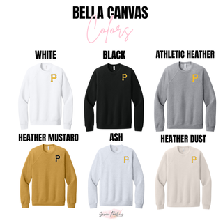 Pirates Baseball Pocket P Top Bella Canvas crewneck sweatshirt color options - white, black, athletic heather, heather mustard, ash, and heather dust