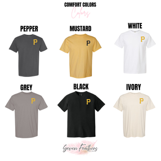 Pirates Baseball Pocket P Top Comfort Colors tee color options - pepper, mustard, white, grey, black, and ivory