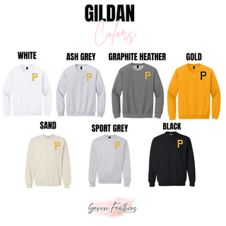 Pirates Baseball Pocket P Top Gildan crewneck sweatshirt color options - white, ash grey, graphite heather, gold, sand, sport grey, and black
