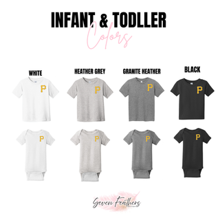 Pirates Baseball Pocket P Top infant and toddler tee and onesie color options - white, heather grey, granite heather, and black