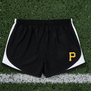 Pirates Baseball Pocket P Women's Cadence Performance Shorts in black with white trim, flat lay with gold P logo on the leg