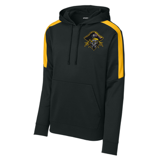 Black Pirates Baseball Fan Favorite hoodie with gold colorblock panels and Pocket Pirate skull graphic on the left chest