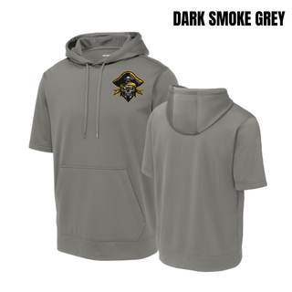 Dark Smoke Grey Pirates Baseball Pocket Pirate Fleece Short Sleeve Hooded Pullover front and back with skull graphic on the left chest