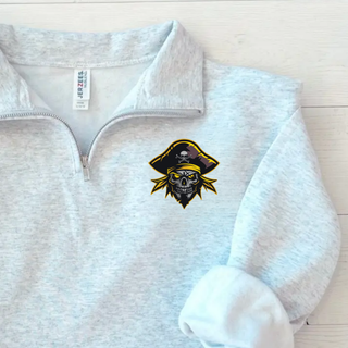Ash Grey NuBlend fleece quarter-zip with Pirates Pocket Pirate skull graphic on the left chest